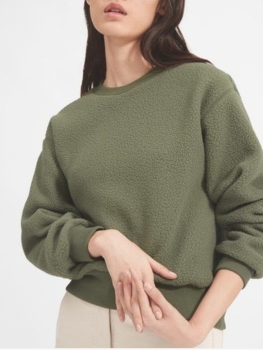 Everlane ReNew Teddy Fleece Pullover Women XS Olive Green Oversized Sweatshirt - Picture 2 of 9